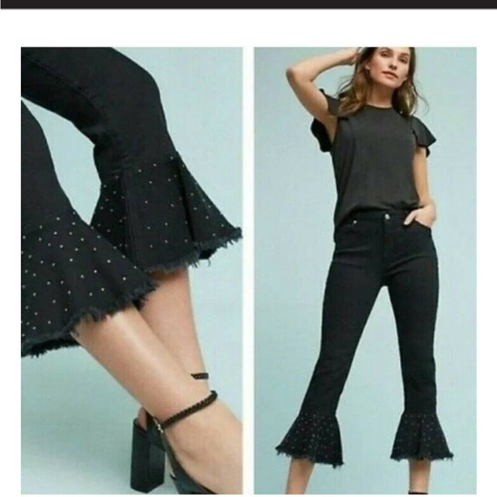 Anthropologie Pilcro Studded Ruffle Crop Flare Black Jeans Size 28